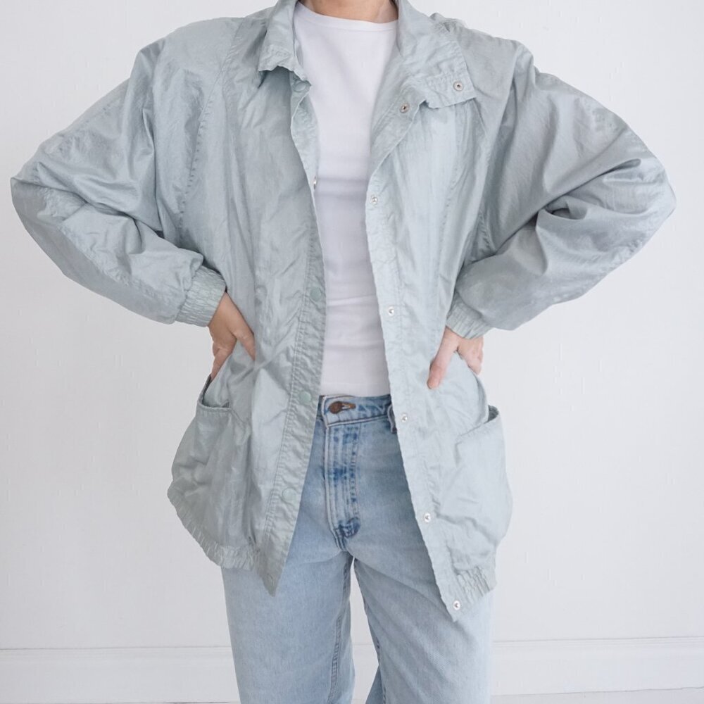 Vintage Haland! Silver-y Blue Nylon Cotton Lined Windbreaker Button Jacket L - Picture 1 of 11